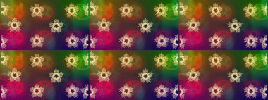 İllüzyon. Kar taneleri, kar yağışı. Güzel, kahverengi, yeşil ve mor kar taneleri renkli bir arka planda izole edilmiş. Düşen Noel stilize kar taneleri.