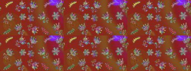 Raster illüstrasyonu. Kar tanelerinin soyut arkaplanlı Noel şablonu. Kahverengi, kırmızı ve yeşil kar taneleri. Noel ve Yeni Yıl moda baskıları için tatil tasarımı.