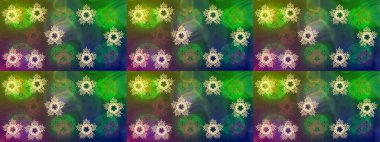 Noel ve yeni yıl moda baskıları için tatil tasarımı. Yeşil, mavi ve kahverengi kar taneleri. Kar tanelerinin soyut arkaplanlı Noel şablonu. Raster illüstrasyonu.