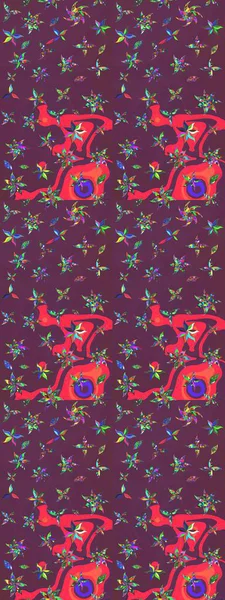 Raster Çiçek İllüstrasyonu 'nun şirin tekstili. Kahverengi ve mor renkli etnik çiçeklerle zarif bir eskiz deseni..