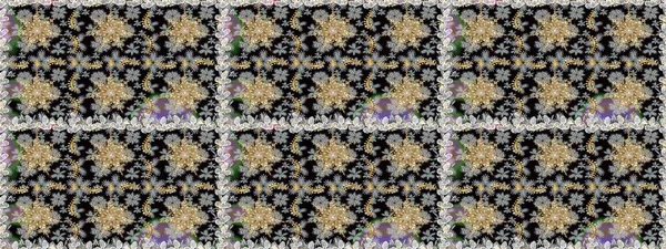 Süslü dekorasyon. Raster illüstrasyonu. Damask altın soyut çiçek gri ve siyah renkler üzerinde pürüzsüz desen.