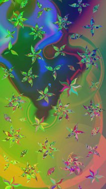 Nakış desenli çiçek deseni. Parmak izi, kumaş, duvar kâğıdı, tekstil için raster dokusu. Renkli grunge, koyu yeşil ve mavi çiçeklerle soyut arkaplanı zenginleştir.