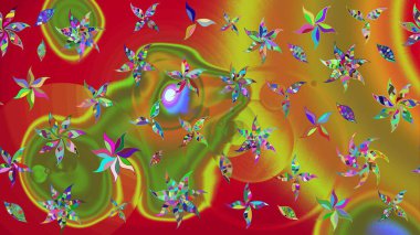 Parlak renkli çiçekleri ve yeşil ve kırmızı renkte yaprakları olan harika bir çiçek deseni. Moda baskıları için zarif bir şablon. Halk tarzı. Modern çiçek arkaplanı.