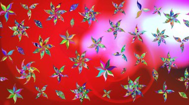 Raster illüstrasyonu. Şirin çiçekli eskiz deseni ve kırmızı ve pembe renklerde yapraklar, suluboya çiçek deseni, duvar kağıdı, kart veya kumaş için fayanslı.