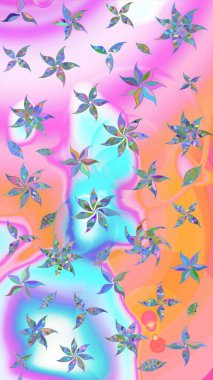 Raster illüstrasyonu. Çiçek desenli çizim. Raster illüstrasyonu. Tarafsız ve pembe renklerde çiçekler. Asya tekstil tarzında.