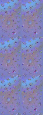 Raster illüstrasyonundaki çiçek desenli çizim. Renkli Bahar Teması eskiz kalıbı. Mor ve mavi renkte çiçekler. Düz Çiçek Elementleri Tasarımı.