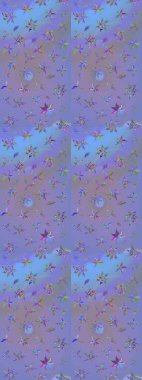 Raster illüstrasyonundaki çiçek desenli çizim. Renkli Bahar Teması eskiz kalıbı. Mor ve mavi renkte çiçekler. Düz Çiçek Elementleri Tasarımı.