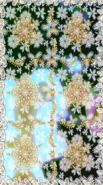 Kusursuz kraliyet lüksü, altın barok kumaş rengi. Altın antika ortaçağ dekoratifi, yapraklar ve tarafsız renklerde altın desenli süslemeleri olan pürüzsüz bir desen..