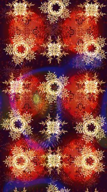 Winter snowflake, raster background. Repeated texture for surface, wrapping paper, on brown and red colors. Raster illustration. Isolated nice snowflakes on colorful background.