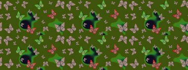 Renk çizimi kalıbı. Tekrarlanan karalamalar. Mistik, semboller. Yeşil arkaplanda el çizimi.