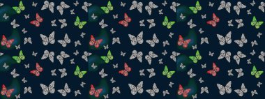 Mavi arka planda suluboya kelebekler. Raster illüstrasyonu. Web sayfası geçmişleri, duvar kağıtları, tekstil ve yüzey dokuları için mükemmel. Çizim kalıbı. Raster..