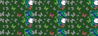 Sonsuz. Giysi kumaşı için böcek dokusu parçası tekrarlanıyor. Çizim, karalama, karalama. Bahar Kelebeği teması. Yeşil üzerine güzel bir kelebek kumaşı çizimi. Raster illüstrasyonu.