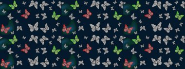 Mavi arka planda suluboya kelebekler. Raster illüstrasyonu. Web sayfası geçmişleri, duvar kağıtları, tekstil ve yüzey dokuları için mükemmel. Çizim kalıbı. Raster..