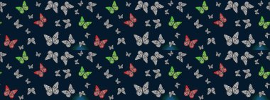 Robot resim. Kelebek desenli maviler. Raster. Kumaş, kağıt, ambalaj kağıdı ve duvar kağıdı tasarımı için mükemmel bir arkaplan.