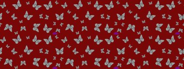 Kumaş, kağıt ve ambalaj için uygun. Uçan güvelerle çok renkli bir arka plan çiz. Raster. Güzel renkli kelebekler kırmızı renklerde kaotik bir şekilde uçarlar. Parlak kelebeklerin özgeçmişini çiz