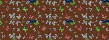 Raster illüstrasyonu. Farklı renkte kelebeklerin çizimi. Fantezi renkli resimler koleksiyonu. Tasarım için Raster Kelebekleri. Giysi biçimi için kahverengi arkaplanda dekor.