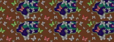 Raster illüstrasyonu. Kahverengi renkli resim. Kelebekli parlak eskiz deseni. Moda Kumaşı Tasarımı.