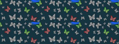 Duvar kağıdı için böcek dokusunun tekrarı. Raster illüstrasyonu. Mavi lekeli güzel kelebek kumaşı dokusu. Bahar Kelebeği şirin tema.