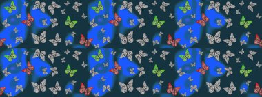 Renkli sevimli kelebek. Eskiz kalıbı arka planı. Raster illüstrasyonu. Yüzey dokuları, duvar kağıtları, web sayfası geçmişi, tekstil için mükemmel. Mavi renkli resimler.