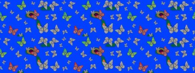 Uçan kelebek keten temalı Raster çizimi. Mavinin üzerinde kelebek bezi şablonu var. Davetiye, kart ve parmak izi için basit kadınsı bir model. Giysiler için böcek kumaşı klipsleri tekrarlanıyor.