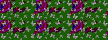 Fantezi sevimli illüstrasyon. Erkekler, kızlar, elbiseler, duvar kağıtları için soyut çizim kalıbı. Raster illüstrasyonu. Yeşil arka plandaki suluboya kelebeklerin.