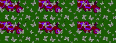 Yeşil arka planda kelebek. Rastgele yeşil kelebekler şirin desenler. Davetiye, kart ve parmak izi için basit kadınsı bir model. Raster illüstrasyonu. Çizim.