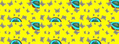 Kelebek deseni. Kumaş, tekstil, baskı ve davetiye örnekleri. Sarı arka planda bir resim. Robot resim. Raster..