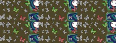 Raster illüstrasyonu. Eskiz kalıbı arka planı. Yeşil renkli resimler. Renkli sevimli kelebek. Yüzey dokuları, duvar kağıtları, web sayfası arkaplanları ve tekstil için mükemmel.