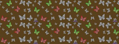Kahverengi renkli sevimli kelebek çizimi. Tekstil, duvar kâğıtları, web sayfası arkaplanları ve yüzey dokuları için mükemmel. Raster illüstrasyonu. Tropikal temada kelebek çiçek deseni.