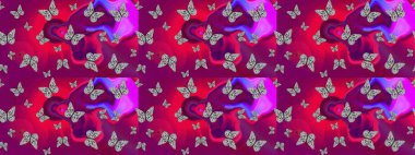 Raster illüstrasyonu. Raster. Çizim kalıbı. Mor arkaplandaki suluboya kelebeklerin. Web sayfası arkaplanları, duvar kağıtları, tekstil, yüzey dokuları için mükemmel.