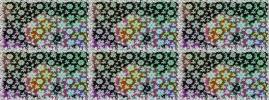 Çok renkli, zarif küçük çiçekler ve gri renkli komik böcekler, raster desen, illüstrasyon.