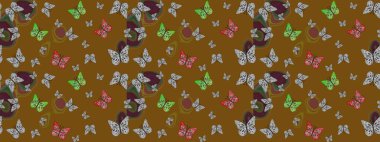 Elle çizilmiş kelebeklerle. Kahverengi renklerin soyut arkaplanı. Dekoratif Raster çizimi. Renkli romantik kelebekler eskiz kalıbı arka planı.