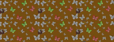 Egzotik Kelebekli Tropik çizim modeli. Kahverengi renkli illüstrasyon. Moda Kumaşı Tasarımı. Raster..