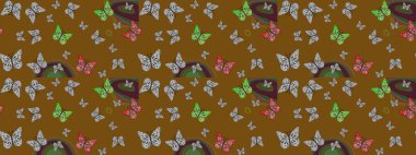 Robot resim. Kahverengi arka planda bir resim. Kumaş, tekstil, baskı ve davetiye örnekleri. Raster. Kelebek deseni.