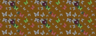 Kumaş, Tekstil, Baskı ve Davetiye için arka plan. Kahverengi arka planda kelebek desenli çizim. Raster illüstrasyonu.