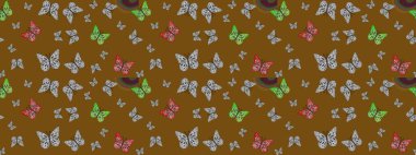 Renkli kelebeklerin eskiz geçmişi. Giysi tasarımı için kahverengi arka planda dekorasyon. Raster illüstrasyonu.