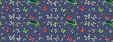 Raster. Kelebek deseni. Soyut eskiz arka planı. Mavi renkte bir resim. Moda Kumaşı Tasarımı.