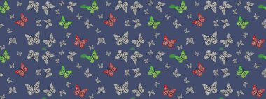 Mavi arka planda güzel renkli kelebeklerin Raster vintage el çizimi. Raster illüstrasyonu. Moda sevimli kumaş tasarımı.