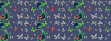 Erkekler, kızlar, kıyafetler, duvar kağıtları için soyut bir model. Fantezi çizimi. Bir sürü kelebek desenli çizim. Raster. Mavi renkli resimler.