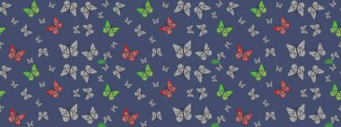 Tekstil baskısı için ekose kelebek. Çizim kalıbı. Raster illüstrasyonu. Karala, karala, karala. Mavi renkler üzerine resim.