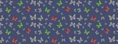 Dekoratif Raster çizimi. Elle çizilmiş kelebeklerle. Mavi renklerin soyut arkaplanı. Renkli romantik kelebekler eskiz kalıbı arka planı.