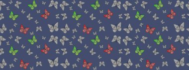 Watercolor Style 'da uçan kelebeklerle eskiz kalıbı. Raster illüstrasyonu. Kumaş, Tekstil, Baskı ve Davetiye için arka plan. Doğadaki güzellik. Mavi renkler üzerine resim.