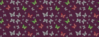Sonsuz. Kahverengi üzerine güzel bir kelebek kumaşı çizimi. Raster illüstrasyonu. Giysi kumaşı için böcek dokusu parçası tekrarlanıyor. Çizim, karalama, karalama. Bahar Kelebeği teması.