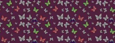 Güve ile Raster Geçmişi. Renkli Kelebeklerle Bahar Arkaplanı. Kart, Davetiye ve Yazdırma için Basit Güzel Kalıp. Güzel Kelebek Siluetleriyle Moda Dekorasyonu.