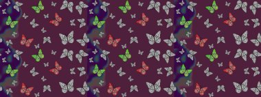 Kahverengi arka planda renkli bir kelebek. Davetiye, kart ve parmak izi için basit şirin bir model. Kelebeklerle dolu renkli bir halk eskizi çizimi..