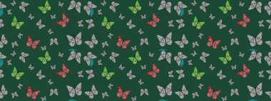 Kelebekli parlak eskiz deseni. Raster illüstrasyonu. Yeşil renkli resim. Moda Kumaşı Tasarımı.