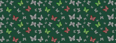 Sonsuz. Çizim, karalama, karalama. Giysi kumaşı için böcek dokusu parçası tekrarlanıyor. Yeşil üzerine güzel bir kelebek kumaşı çizimi. Bahar Kelebeği teması. Raster illüstrasyonu.