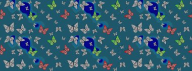 Moda Kumaşı Tasarımı. Raster illüstrasyonu. Mavi renkli resim. Kelebekli parlak çizim deseni.