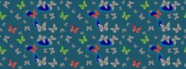 Raster illüstrasyonu. Mavi renkli kelebeklerin eskiz arkaplanı. Tekstil, duvar kağıtları, web sayfası arkaplanları, yüzey dokuları için mükemmel.