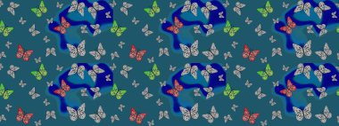 Soyut eskiz arka planı. Raster Kelebekleri deseni. Güzel bir kumaş tasarımı. Mavi renkler üzerine resim.